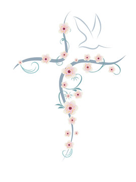 Stylized isolated Christian cross with dove and flowers