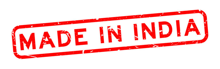 Grunge red made in India square rubber seal stamp on white background