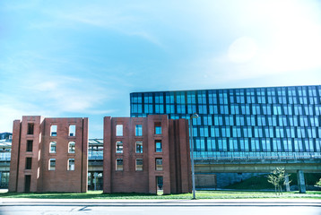 urban scene with cloudy blue sky and city buildings in copenhagen, denmark