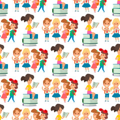 Children studying school kids going study together childhood happy primary education character vector seamless pattern background.