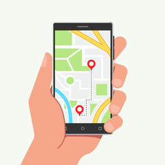 Hand holding phone with map and mobile navigation in flat style. Vector illustration