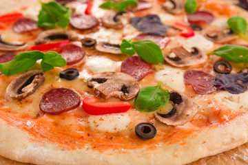 Closeup of homemade pizza with pepperoni, mushrooms, bell pepper and mozzarella.