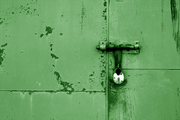 Old padlock on metal gate in green color.