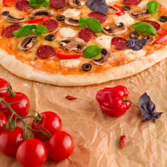 Closeup of homemade pizza with pepperoni, mushrooms, bell pepper and mozzarella.