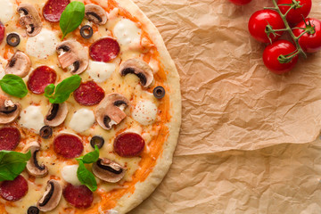 Closeup of homemade pizza with pepperoni, mushrooms, bell pepper and mozzarella.