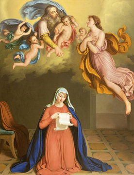 PARMA, ITALY - APRIL 12, 2018: The paint of Annunciation in church Chiesa di San Agostino from probably by Cugini di Cremona from 19. cent.