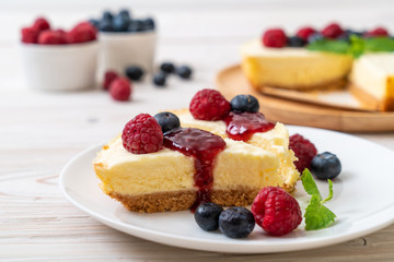 Homemade cheesecake with raspberries and blueberries