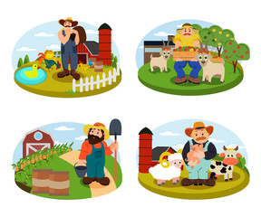 Set of Farmers on the background of his farm with cow, sheep and cock. Village theme. Flat style vector illustration