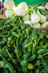 close up view of pile of green peppers and leeks