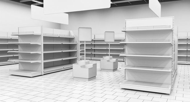 Interior of a supermarket with shelves for goods. 3d image.