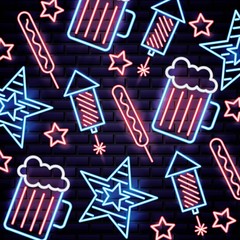 american independence day neon rockets beers stars meat palettes vector illustration