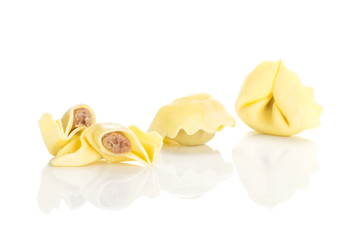 Tortellini Italian pasta stuffed with meat isolated on white background raw traditional dumpling.