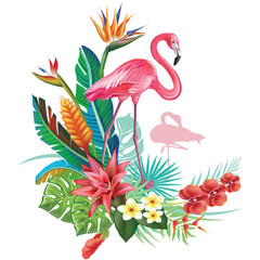 Tropical decoration with Flamingoes and Trop - obrazy, fototapety, plakaty