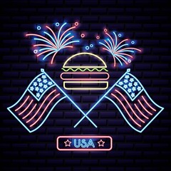 american independence day hamburguer with two usa flags colors fireworks vector illustration