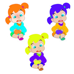 Vector illustration of a set of a girl with emotions with two tits sitting thinks