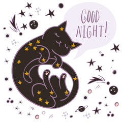 Hand drawn art of cute cat. Simple sweet kids nursery illustration. Graphic design for apparel.