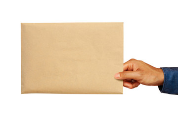 Hand holding blank brown envelope isolated on white background. Objects with clipping path and copy space. Business and finance concep