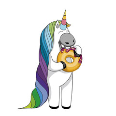 Vector illustration with cute cartoon unicorn eating tasty donuts. Cute magical unicorn isolated on white background. Print for t-shirt or sticker. Romantic hand drawing illustration.