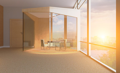 Modern meeting room. 3D rendering.. Sunset