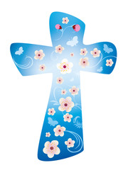 Christian cross with flowers on blue background