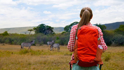 adventure, travel, tourism, hike and people concept - young woman with backpack over zebras in...