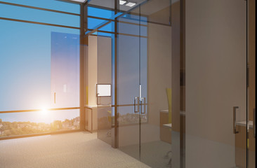 Modern office Cabinet.  3D rendering. Sunset