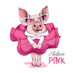 Pig in a pink dress and in a sunglasses posing like a Superstar. Vector illustration.