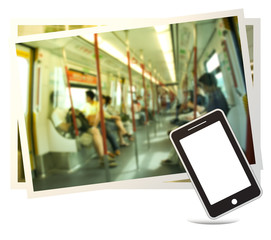 Smart phone and Blur of Inside Subway Train
