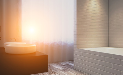 Fototapeta na wymiar Sunset. Clean and fresh bathroom with natural light. 3D rendering.