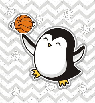 Cute  penguin playing basketball