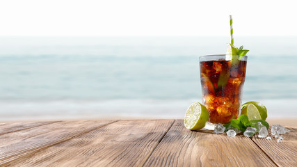 summer drink and sea landscape. Free space for your bottle. 