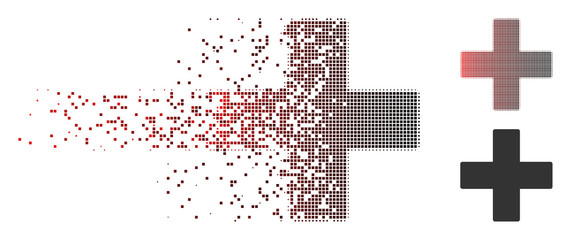 Vector plus icon in dissolved, pixelated halftone and undamaged solid variants. Disintegration effect uses rectangle dots and horizontal gradient from red to black.