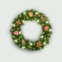 Fototapeta na wymiar Christmas wreath of realistic Christmas tree branches, lightbulb, gifts, cookies, sweets