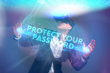 Business, Technology, Internet and network concept. Young businessman working in virtual reality glasses sees the inscription: Protect your password