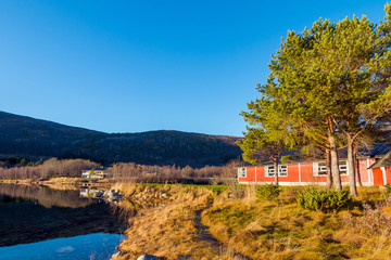 Fototapeta na wymiar Norwegian red houses in fishing village, Norway