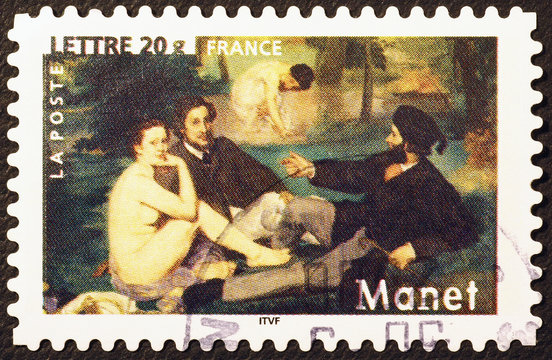 Masterpiece Dejeuner sur l'herbe by Manet on postage stamp