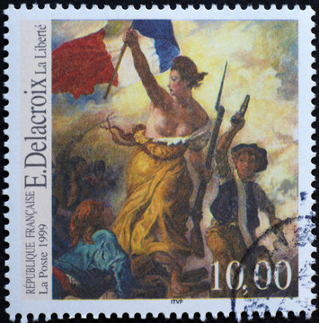 Painting Liberty Leading the People by Delacroix on french stamp