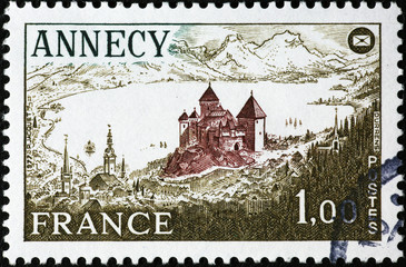Annecy castle on vintage french postage stamp