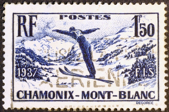 Vintage Stamp Showing A Ski Jumper In Chamonix