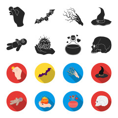 A voodoo doll, a magical fire, a love potion, a skull.Black and white magic set collection icons in black,flet style vector symbol stock illustration web. © pandavector