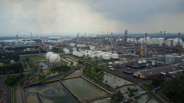Aerial view of a massive petrochemical facility, gas and oil refinery in Cilacap in central Java, Indonesia
