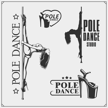 Set of strip plastic and pole dance emblems, labels and design elements. Girls on the pole.