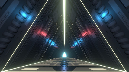 Futuristic triangle corridor with infra-red and ultraviolet lights. 3D rendering