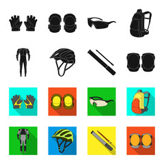 Full-body suit for the rider, helmet, pump with a hose, knee protectors.Cyclist outfit set collection icons in black,flet style vector symbol stock illustration web. © pandavector