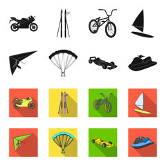 Hang glider, parachute, racing car, water scooter.Extreme sport set collection icons in black,flet style vector symbol stock illustration web. © pandavector