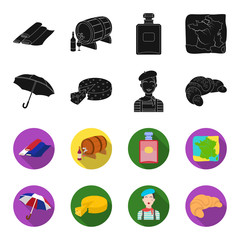 Umbrella, traditional, cheese, mime .France country set collection icons in black,flet style vector symbol stock illustration web. © pandavector