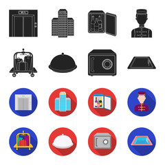 Trolley with luggage, safe, swimming pool, clutch.Hotel set collection icons in black,flet style vector symbol stock illustration web. © pandavector