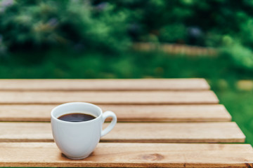 White Coffee Cup On Wooden Table In Green Garden