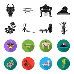 Geta, sakura flowers, bamboo, hieroglyph.Japan set collection icons in black,flet style vector symbol stock illustration web. © pandavector