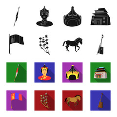 National flag, horse, musical instrument, steppe plant. Mongolia set collection icons in black,flet style vector symbol stock illustration web. © pandavector